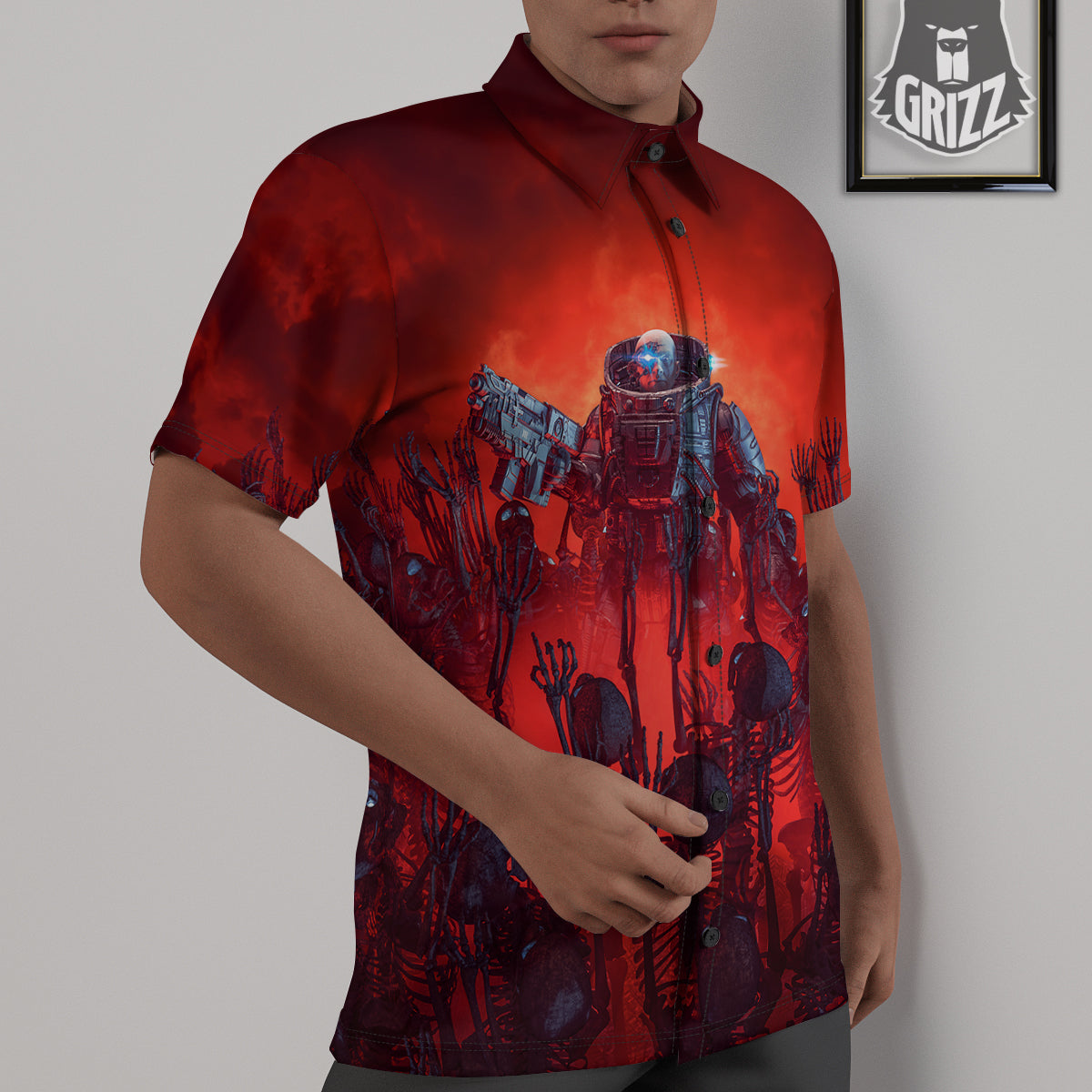 Red Robot And Skeleton Troop Print Untucked Shirts-grizzshop