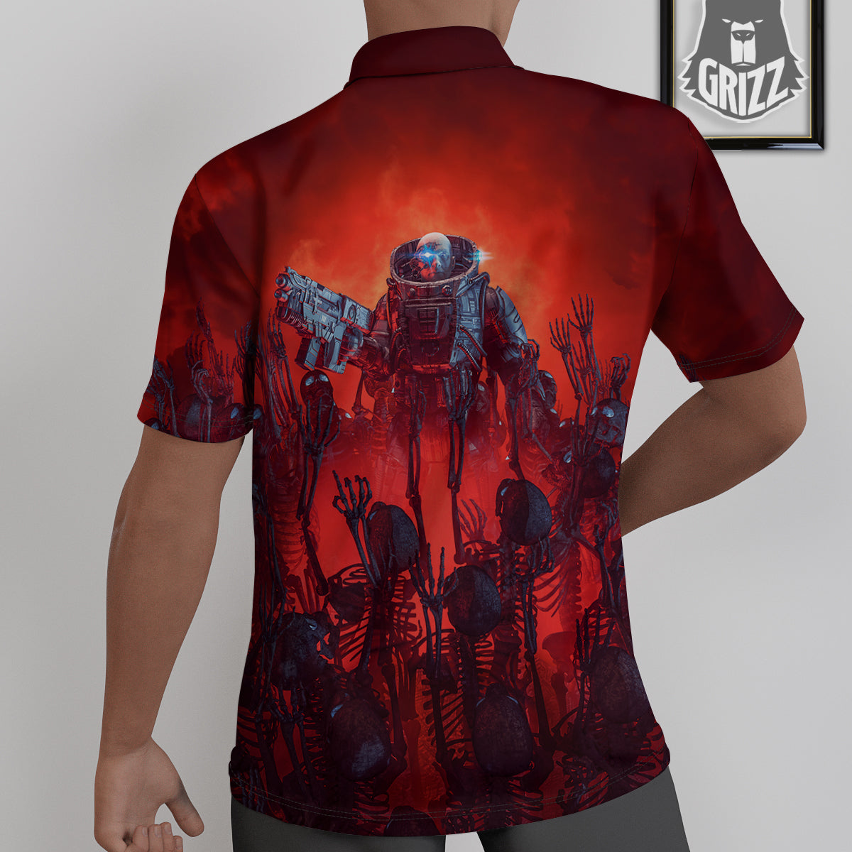 Red Robot And Skeleton Troop Print Untucked Shirts-grizzshop