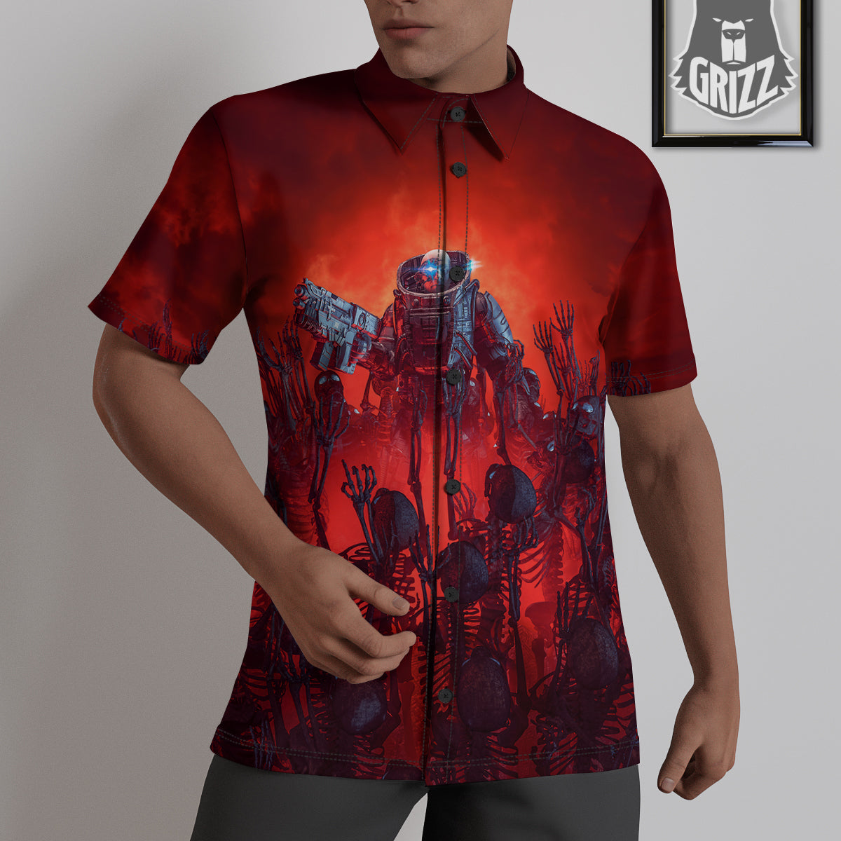 Red Robot And Skeleton Troop Print Untucked Shirts-grizzshop