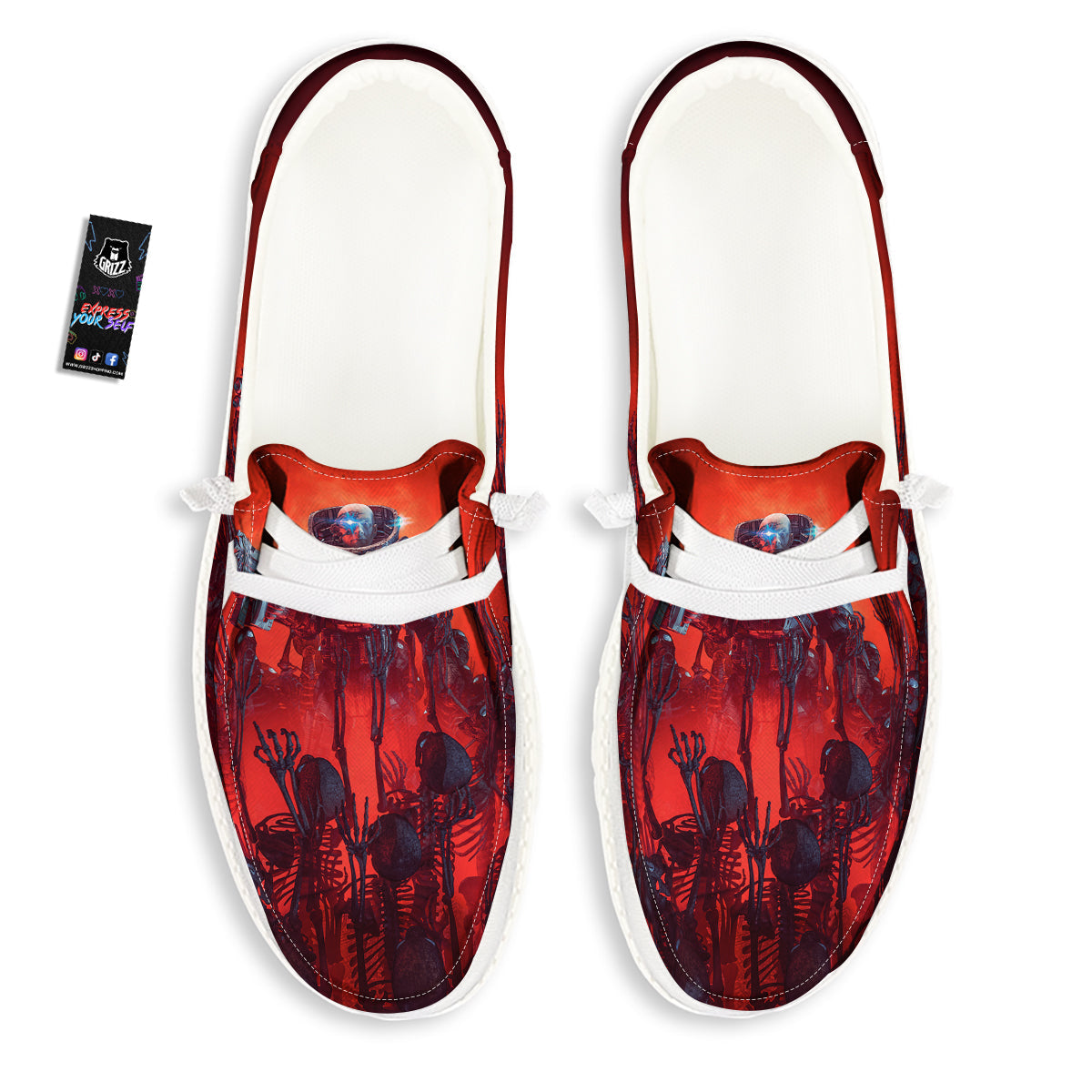 Red Robot And Skeleton Troop Print White Loafers-grizzshop