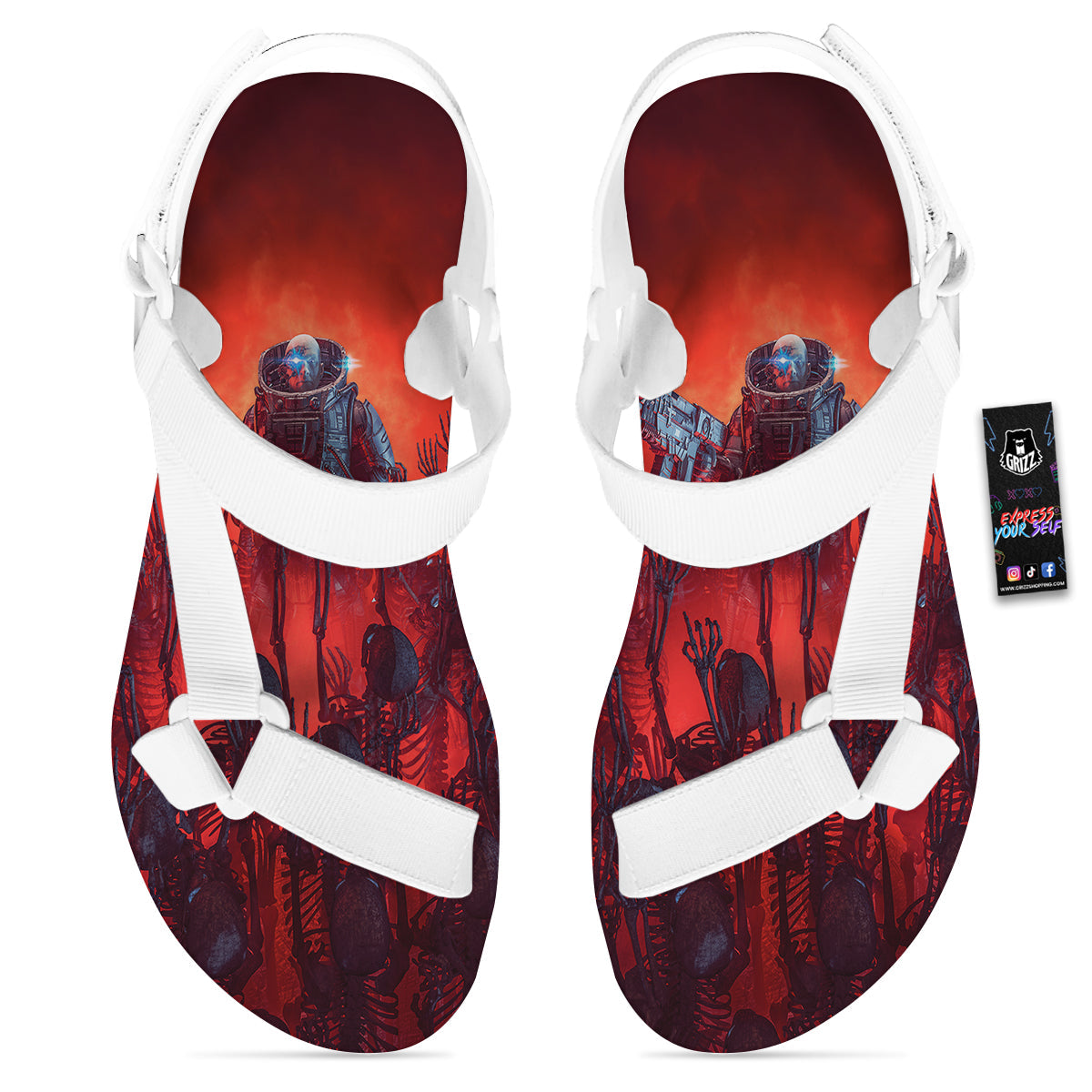 Red Robot And Skeleton Troop Print White Open Toe Sandals-grizzshop
