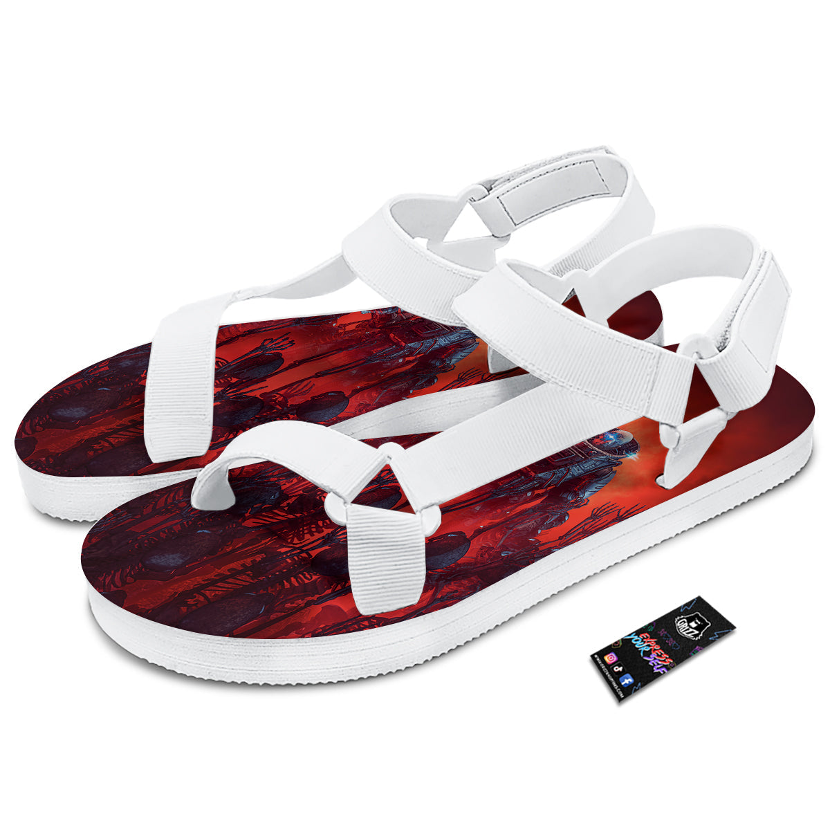 Red Robot And Skeleton Troop Print White Open Toe Sandals-grizzshop