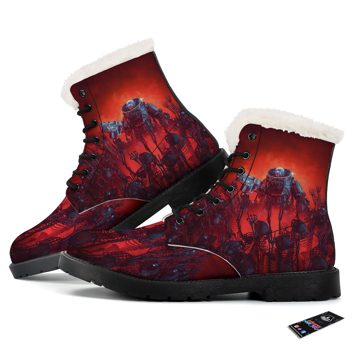 Red Robot And Skeleton Troop Print Winter Boots-grizzshop