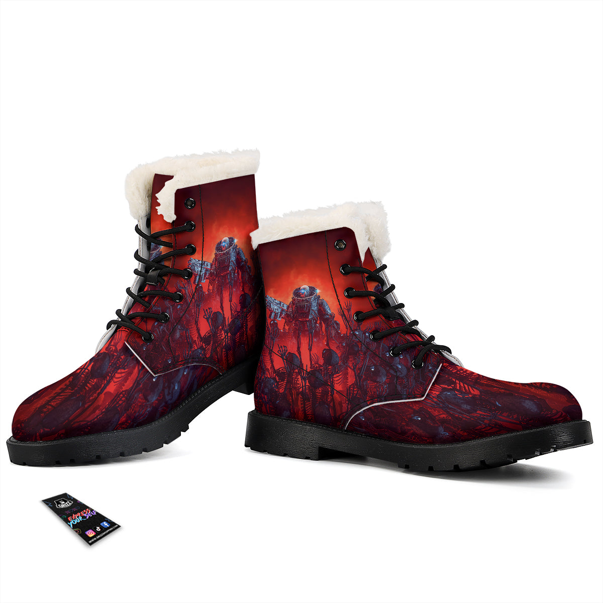 Red Robot And Skeleton Troop Print Winter Boots-grizzshop