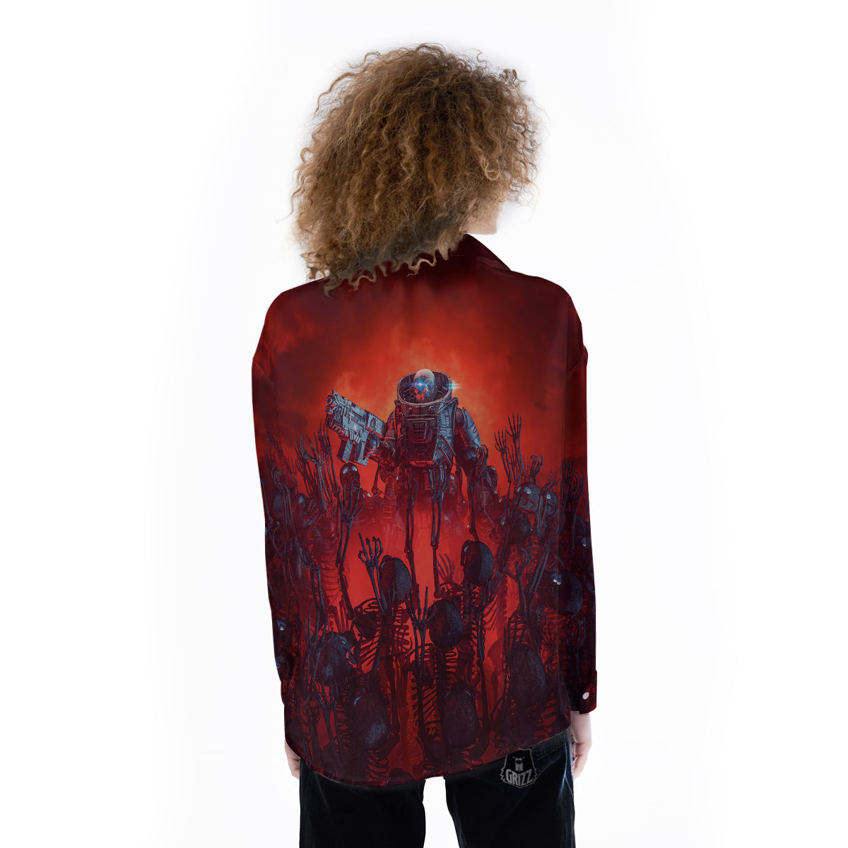 Red Robot And Skeleton Troop Print Women's Long Sleeve Shirts-grizzshop