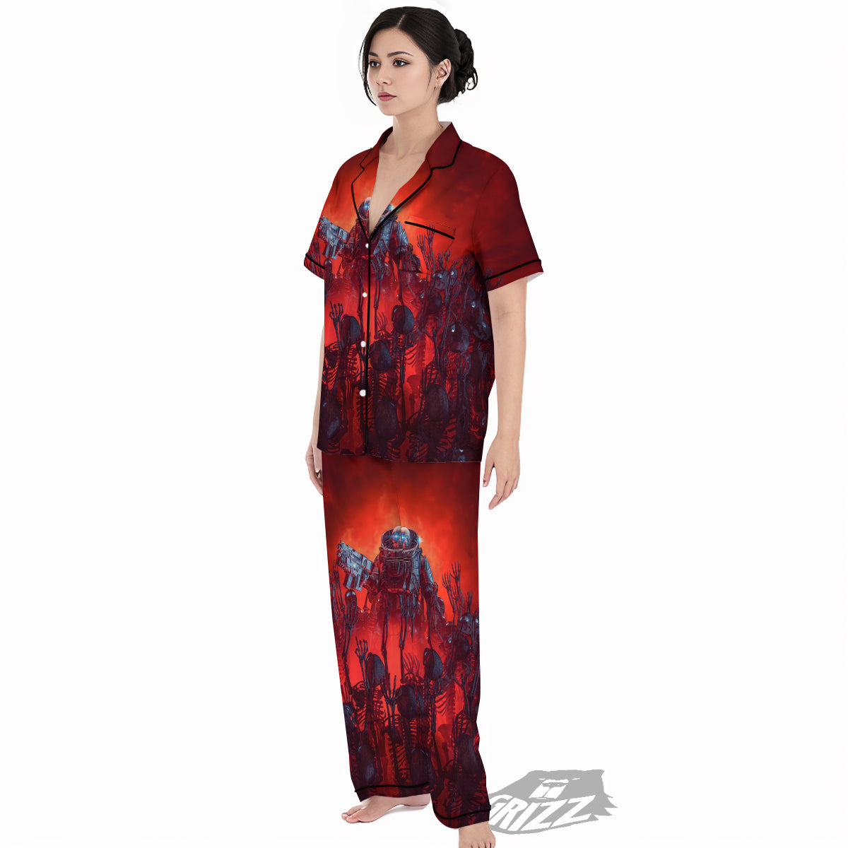 Red Robot And Skeleton Troop Print Women's Pajamas Set-grizzshop