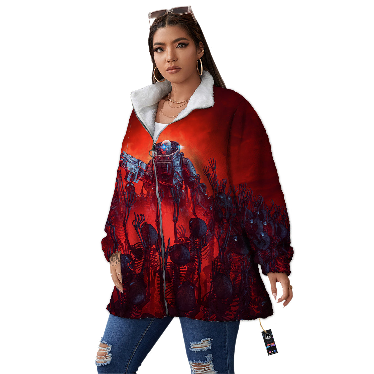Red Robot And Skeleton Troop Print Women's Sherpa Jacket-grizzshop