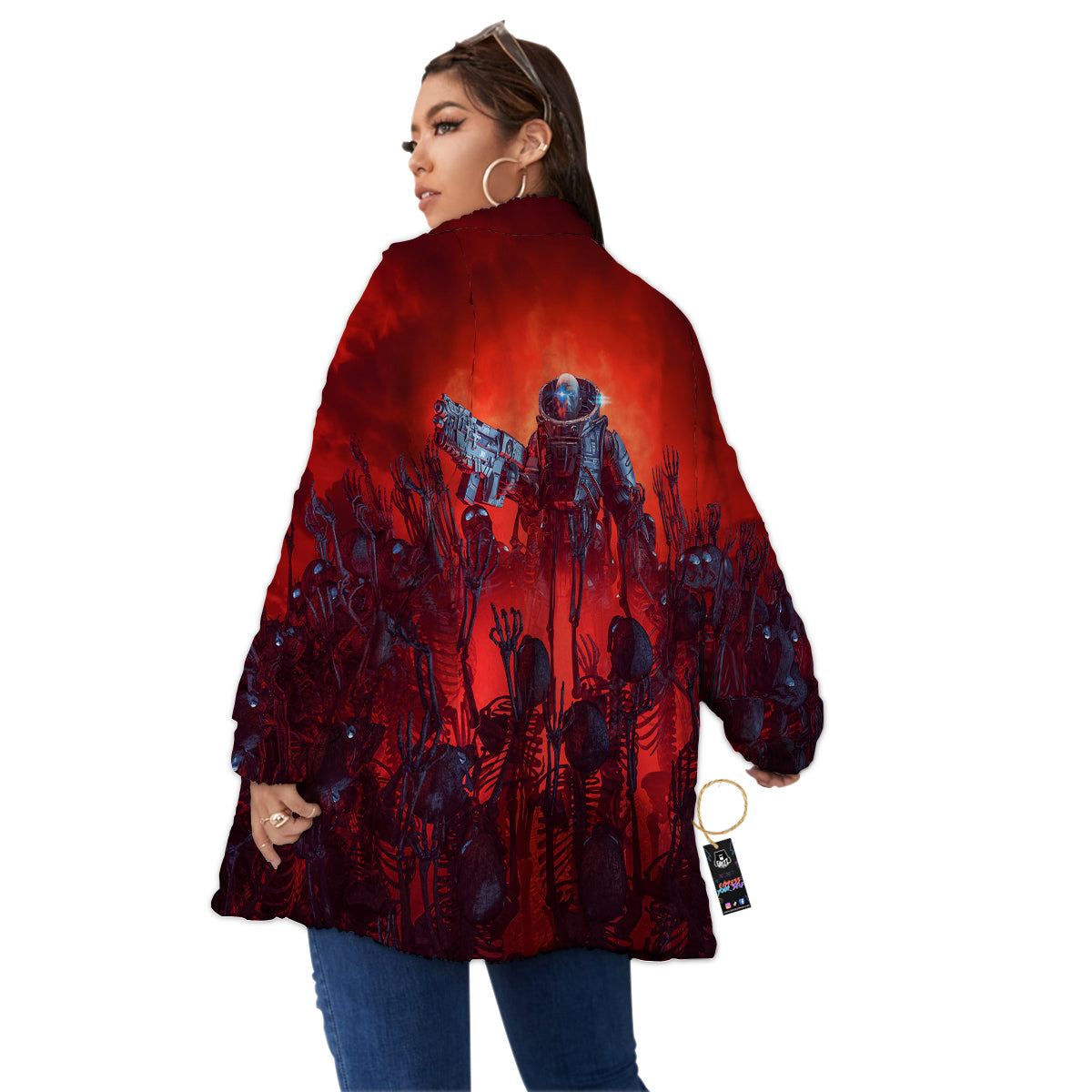 Red Robot And Skeleton Troop Print Women's Sherpa Jacket-grizzshop