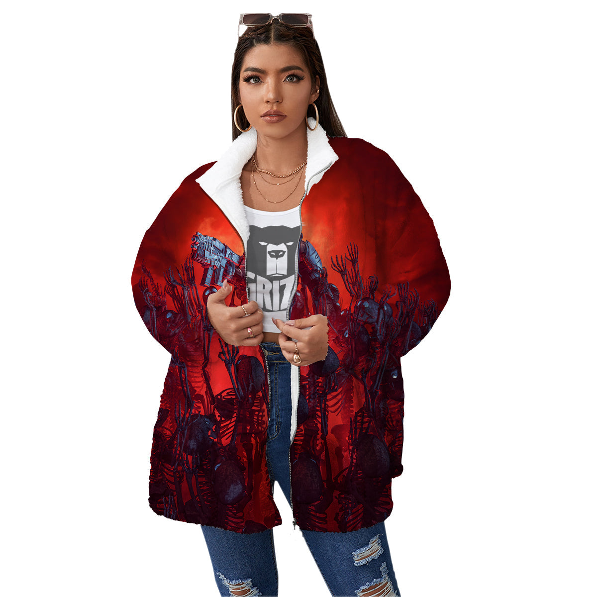Red Robot And Skeleton Troop Print Women's Sherpa Jacket-grizzshop
