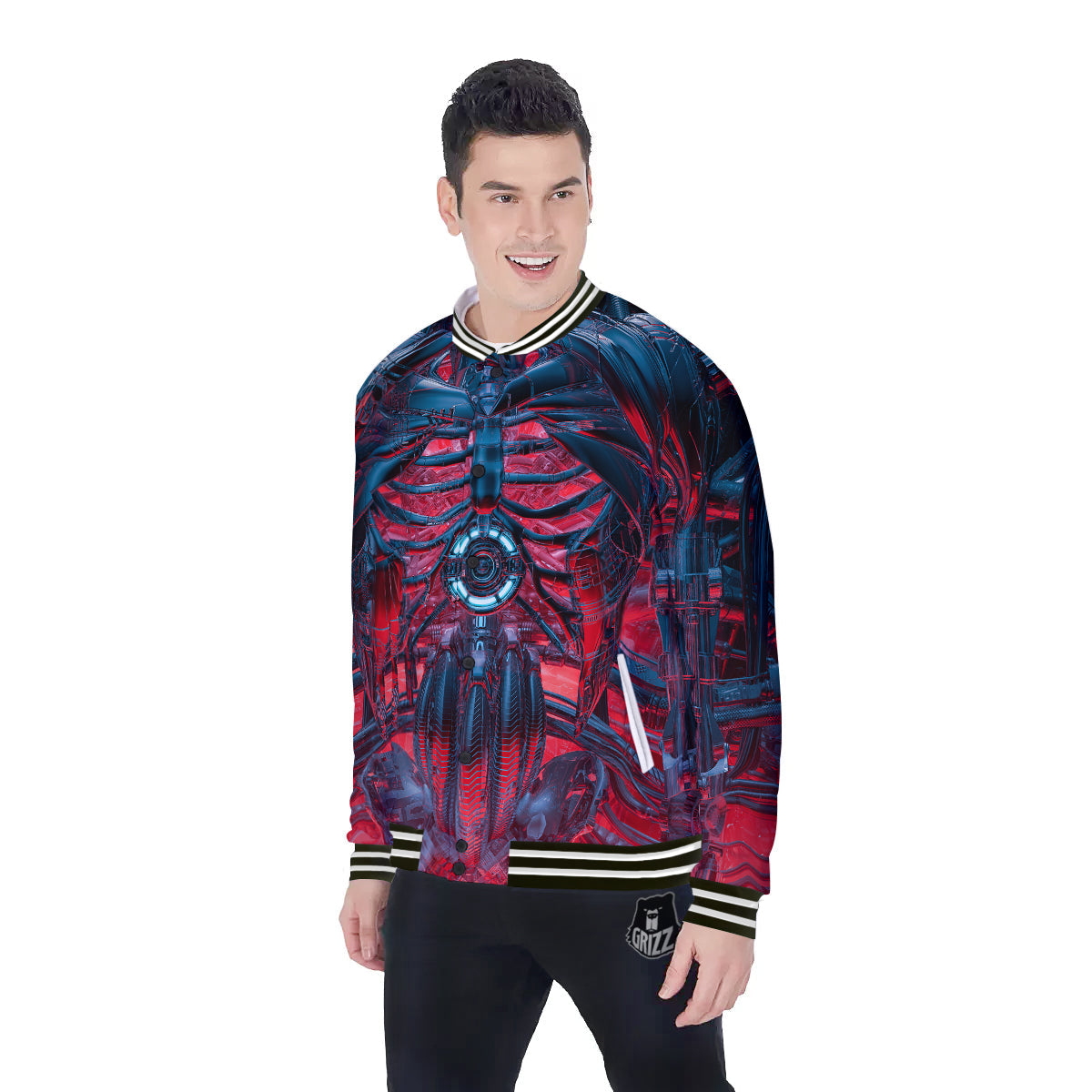 Red Robot Cyberpunk Print Baseball Jacket-grizzshop
