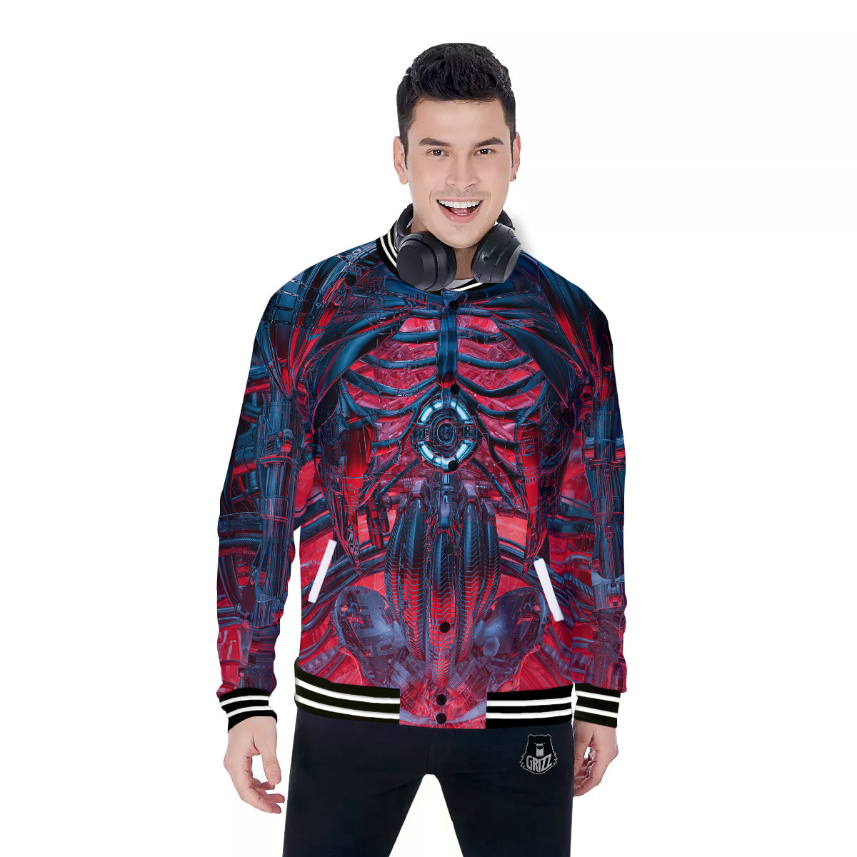 Red Robot Cyberpunk Print Baseball Jacket-grizzshop