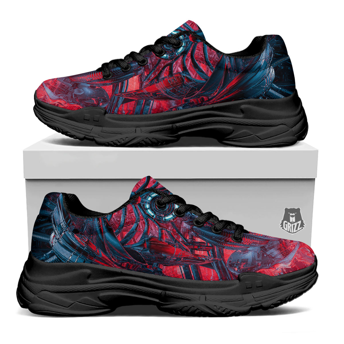 Red Robot Cyberpunk Print Black Chunky Shoes-grizzshop
