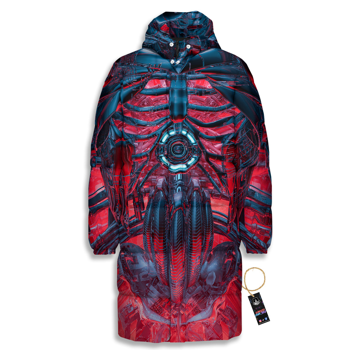 Red Robot Cyberpunk Print Long Down Jacket-grizzshop