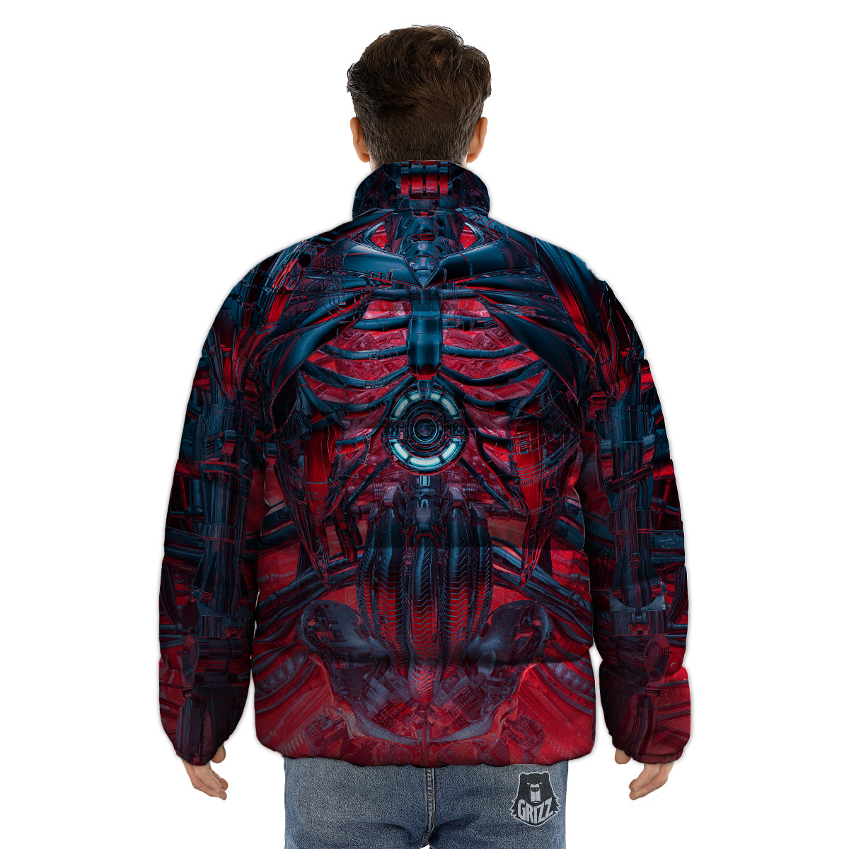 Red Robot Cyberpunk Print Puffer Jacket-grizzshop
