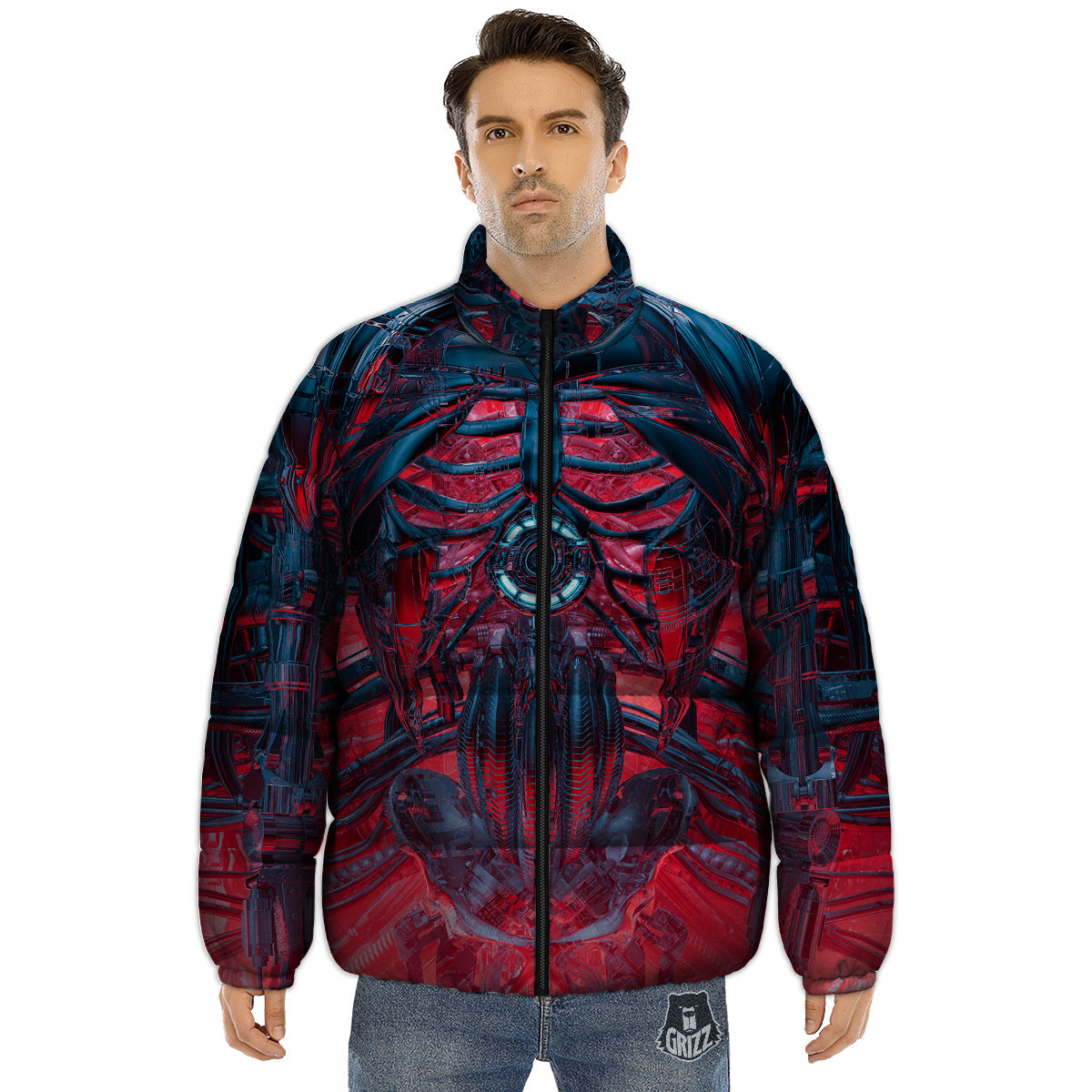 Red Robot Cyberpunk Print Puffer Jacket-grizzshop