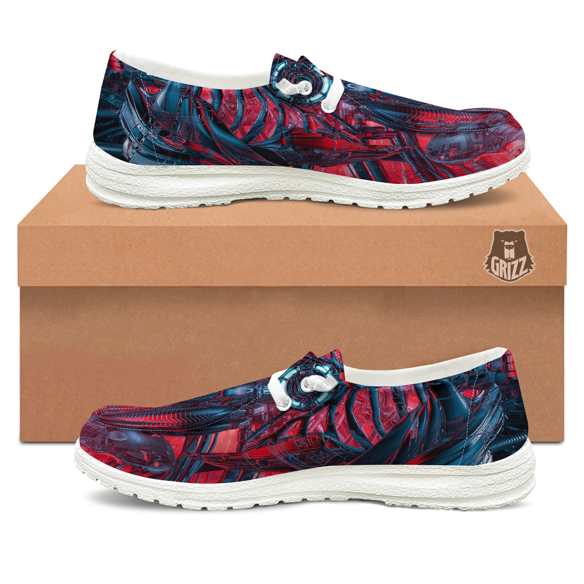 Red Robot Cyberpunk Print White Loafers-grizzshop