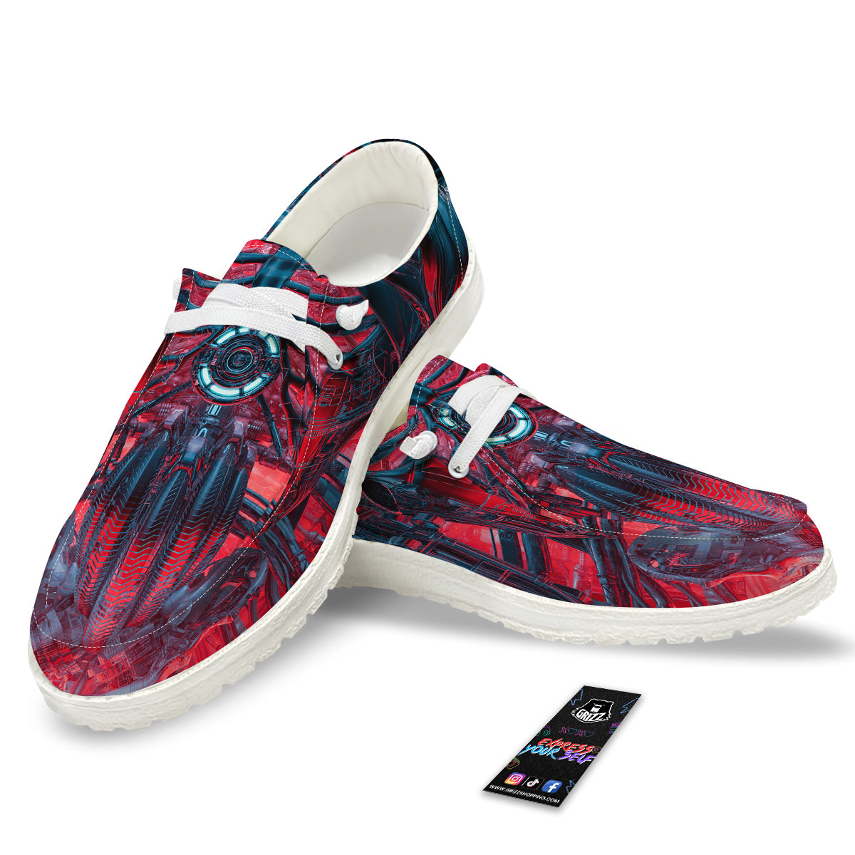 Red Robot Cyberpunk Print White Loafers-grizzshop