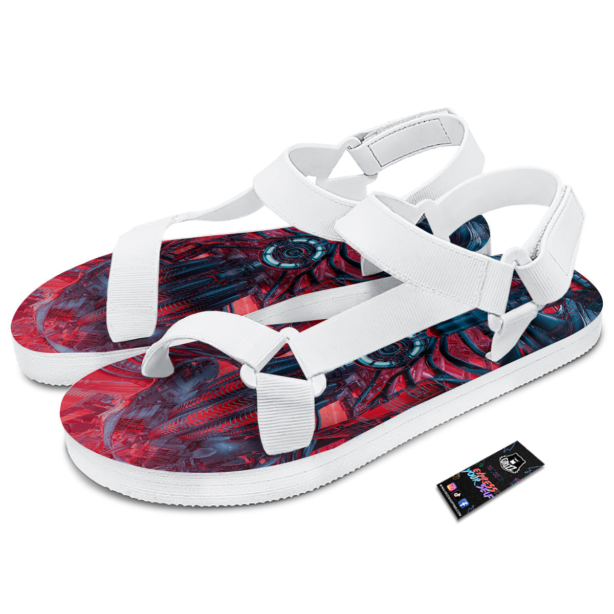 Red Robot Cyberpunk Print White Open Toe Sandals-grizzshop