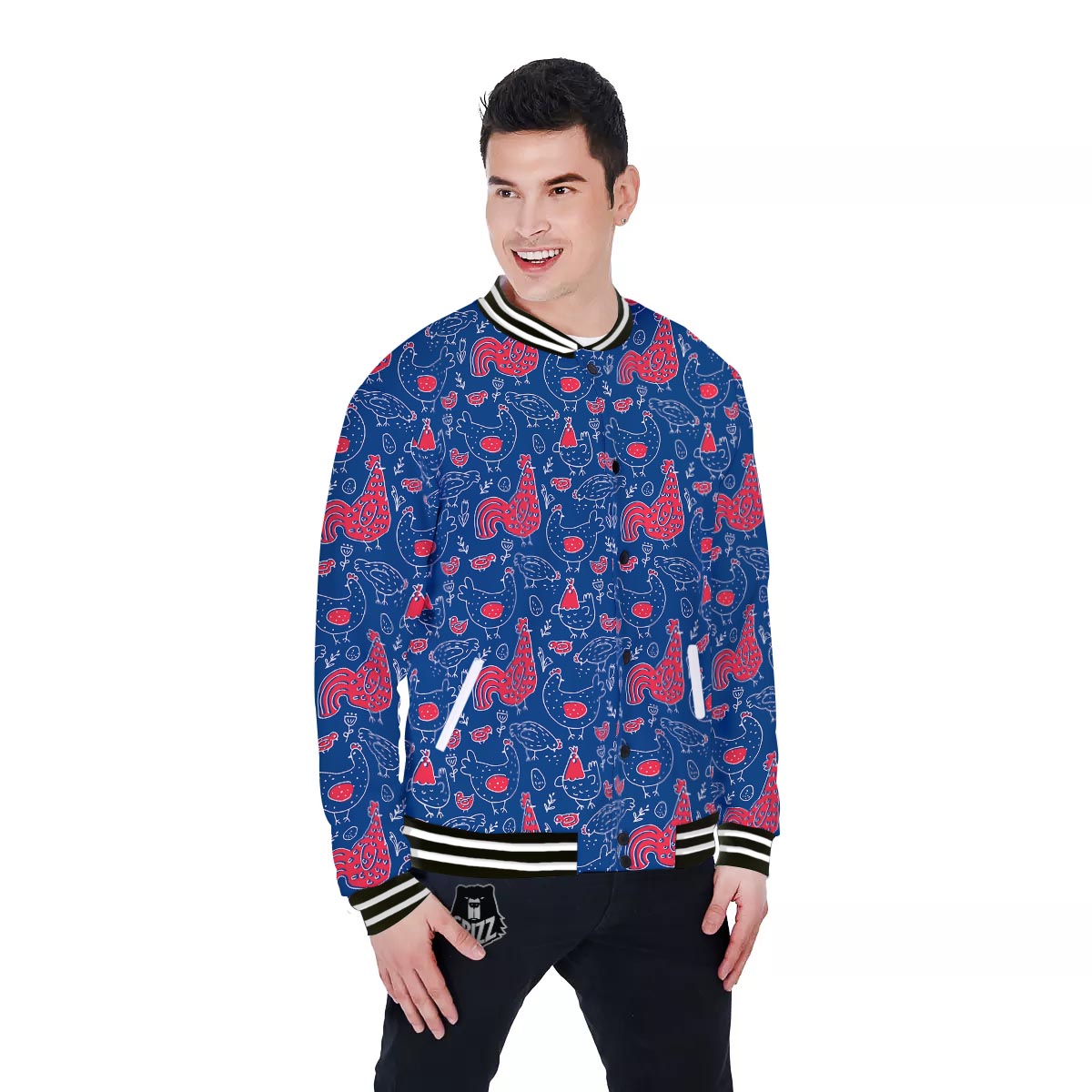 Red Rooster Blue Print Pattern Baseball Jacket-grizzshop