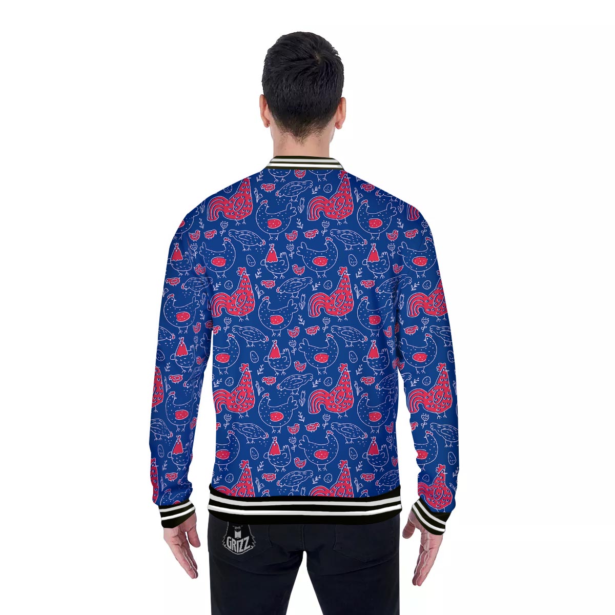 Red Rooster Blue Print Pattern Baseball Jacket-grizzshop