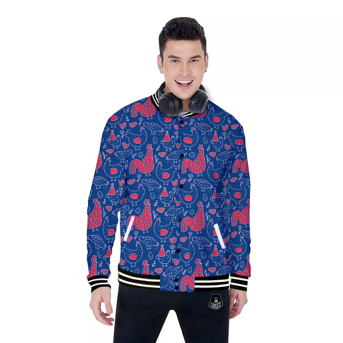 Red Rooster Blue Print Pattern Baseball Jacket-grizzshop