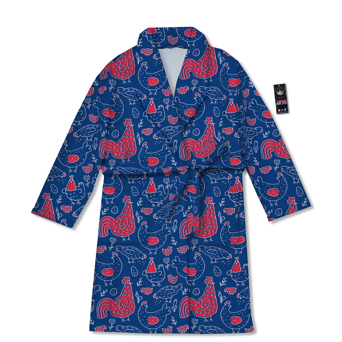 Red Rooster Blue Print Pattern Bathrobe-grizzshop