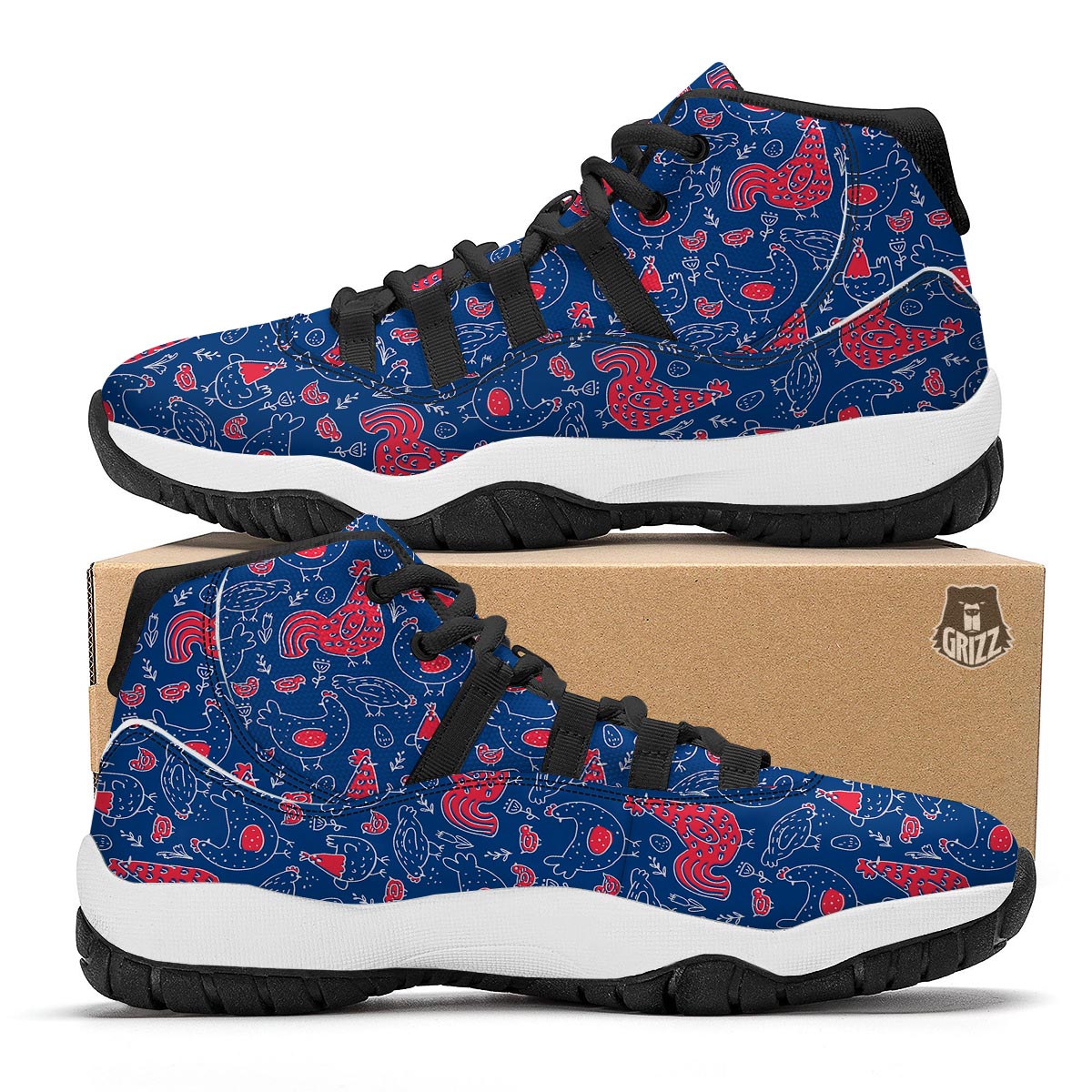 Red Rooster Blue Print Pattern Black Bball Shoes-grizzshop