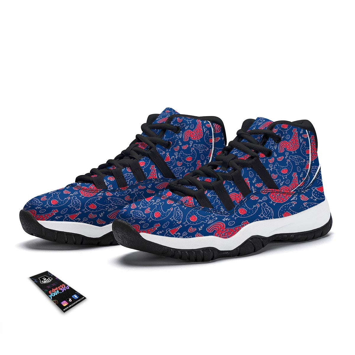 Red Rooster Blue Print Pattern Black Bball Shoes-grizzshop