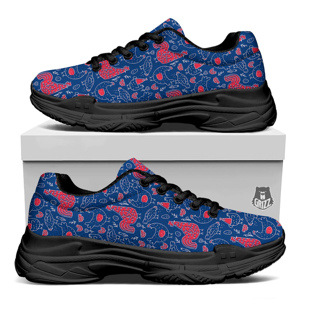 Red Rooster Blue Print Pattern Black Chunky Shoes-grizzshop