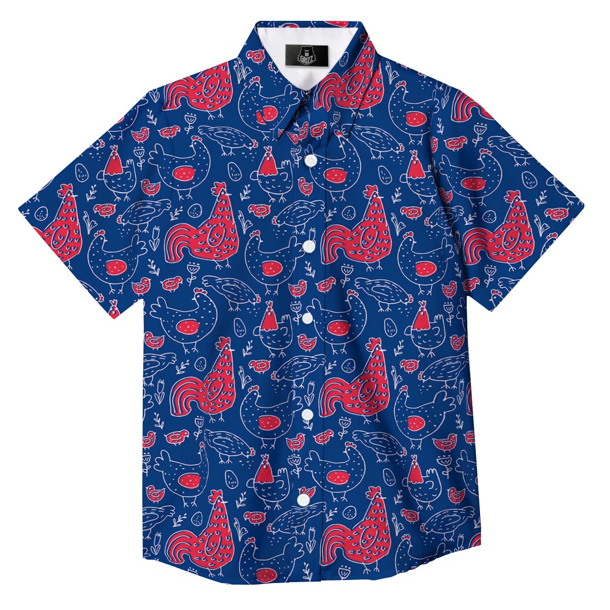 Red Rooster Blue Print Pattern Button Up Shirt-grizzshop