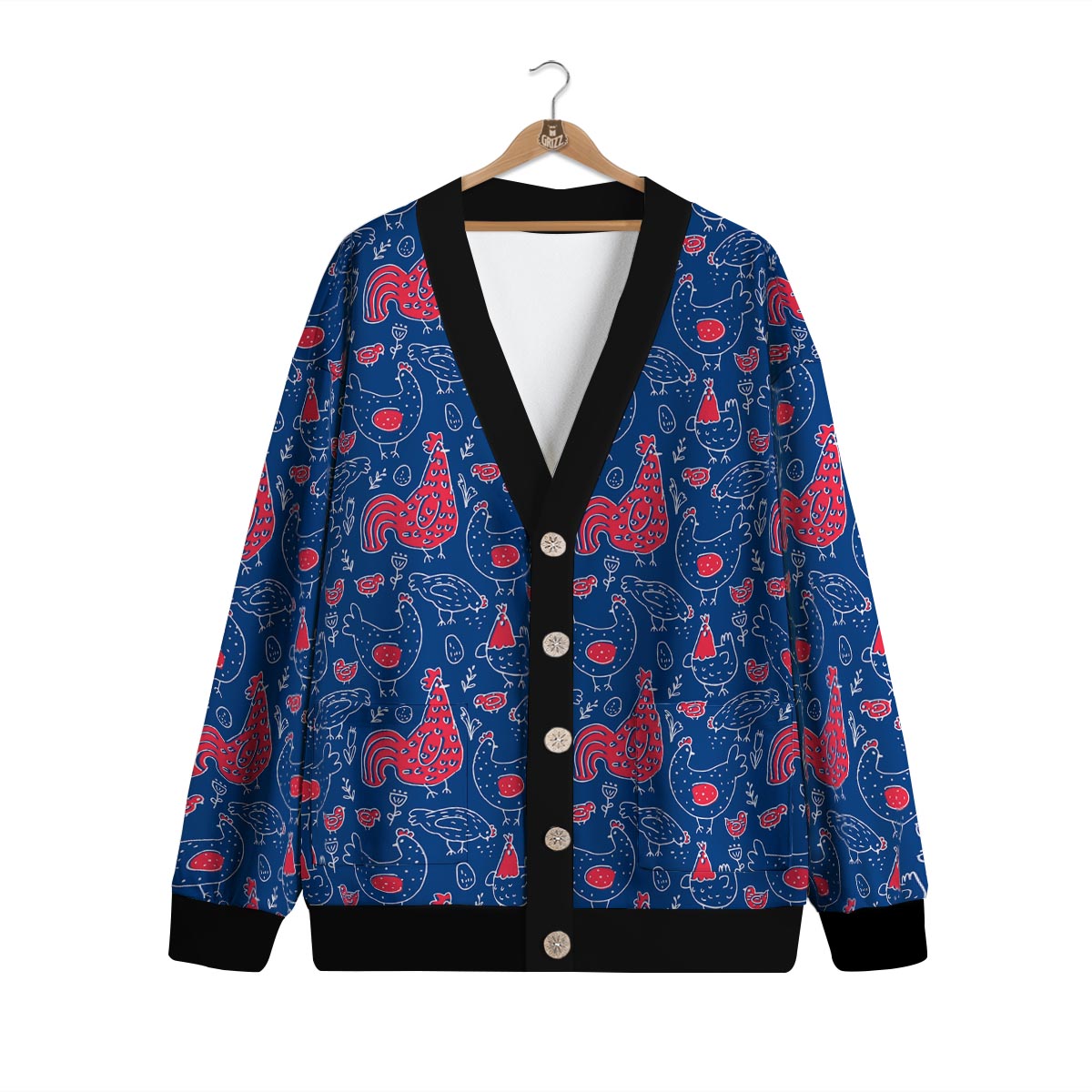 Red Rooster Blue Print Pattern Cardigan-grizzshop