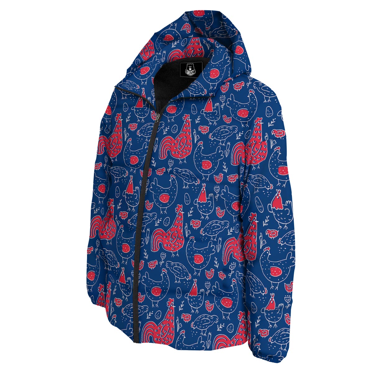 Red Rooster Blue Print Pattern Down Jacket-grizzshop