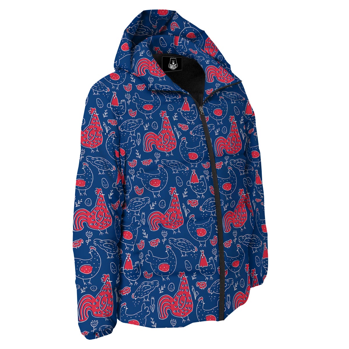 Red Rooster Blue Print Pattern Down Jacket-grizzshop