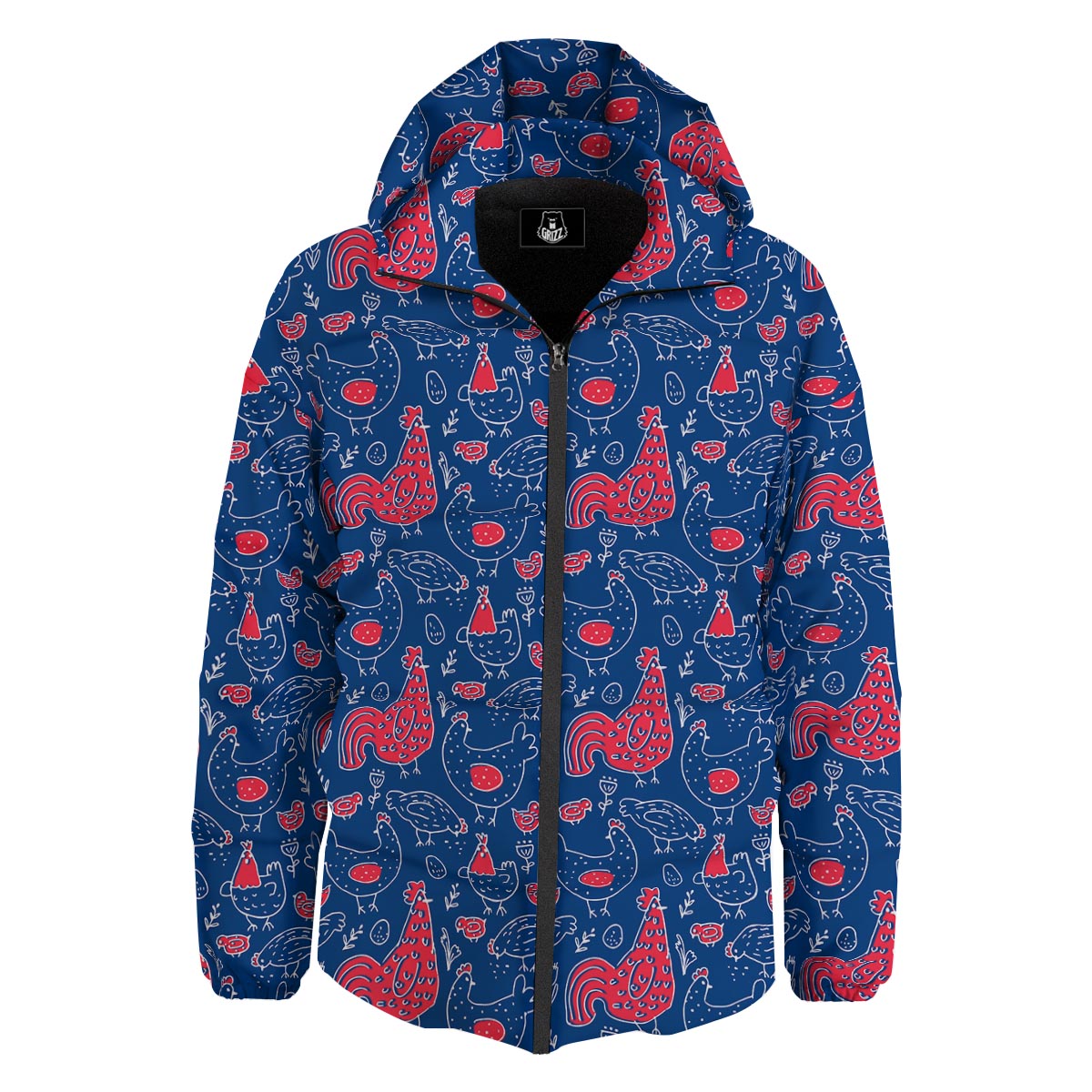 Red Rooster Blue Print Pattern Down Jacket-grizzshop