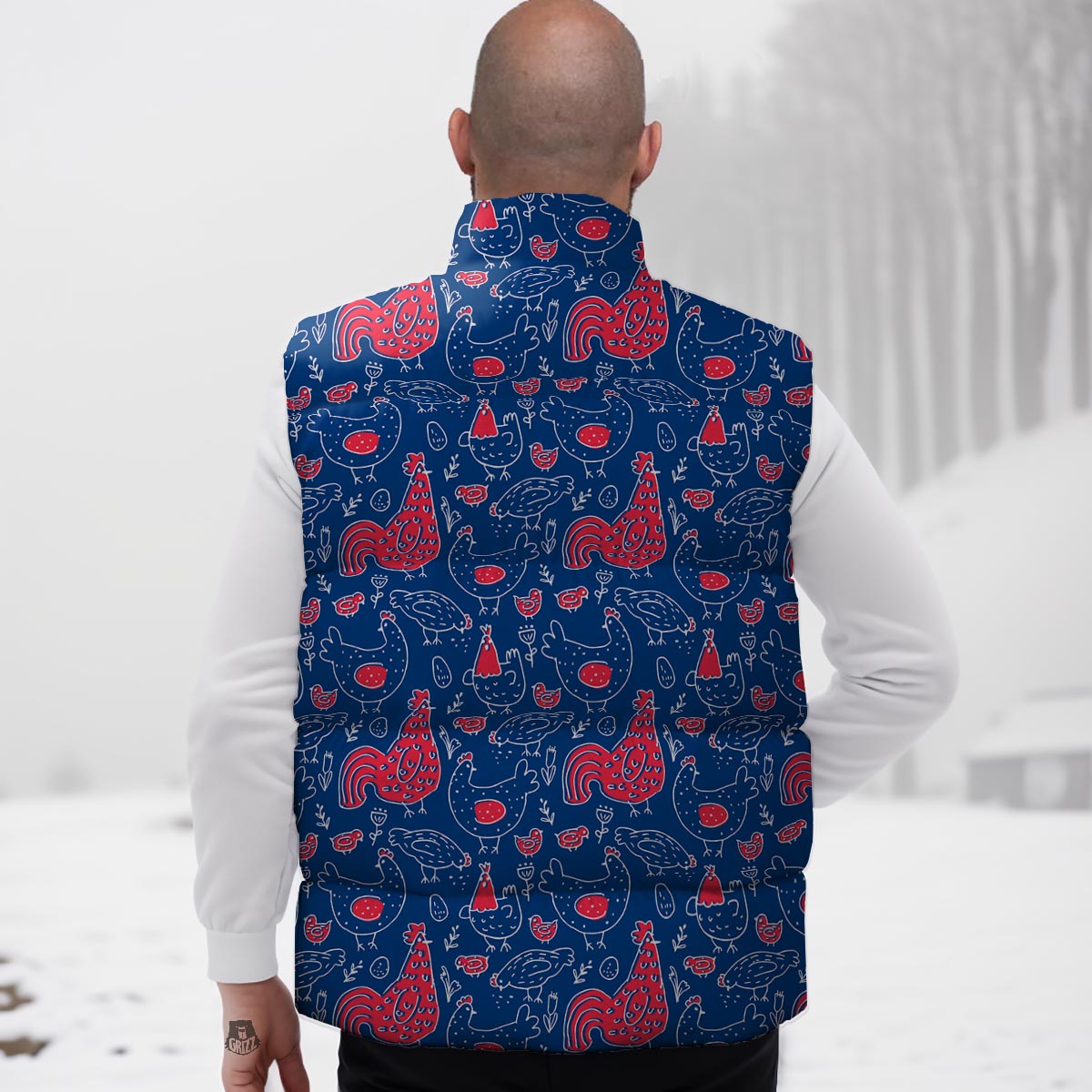 Red Rooster Blue Print Pattern Down Vest