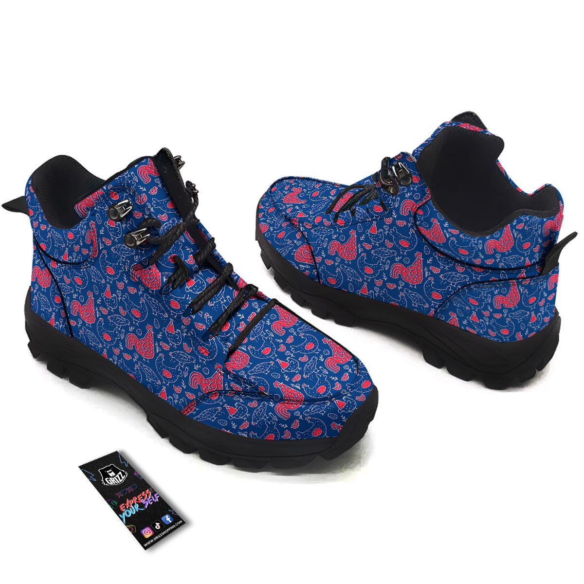 Red Rooster Blue Print Pattern Hiking Shoes-grizzshop