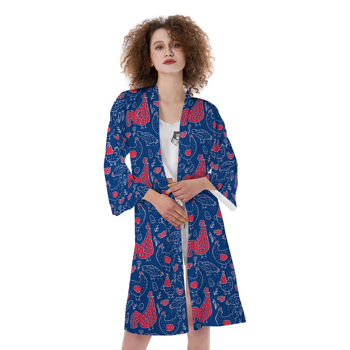 Red Rooster Blue Print Pattern Kimono-grizzshop