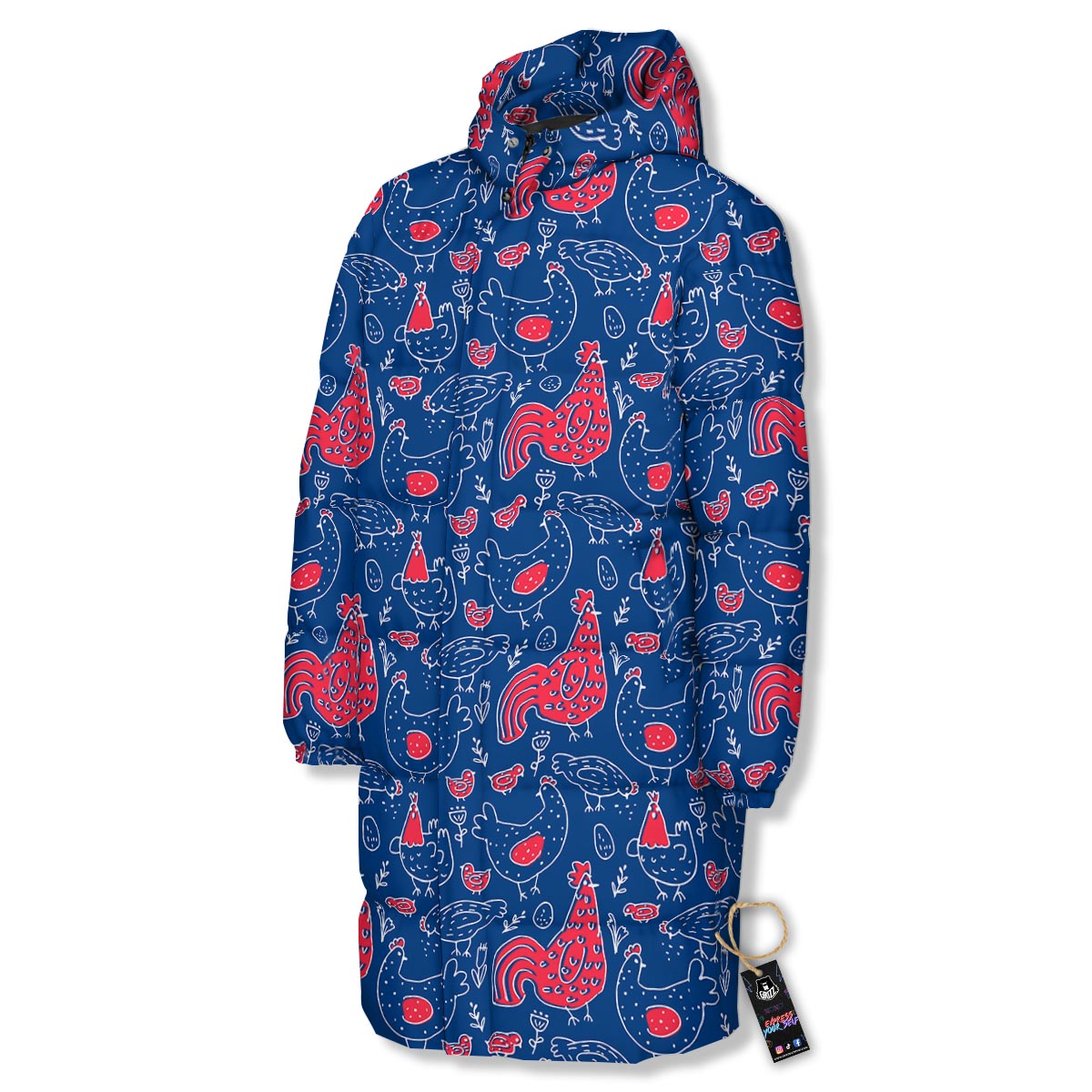 Red Rooster Blue Print Pattern Long Down Jacket-grizzshop