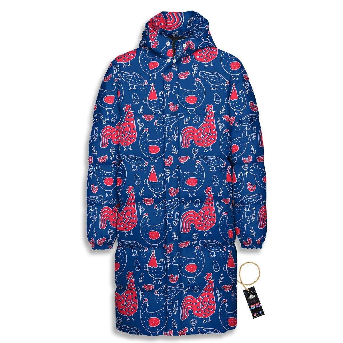 Red Rooster Blue Print Pattern Long Down Jacket-grizzshop