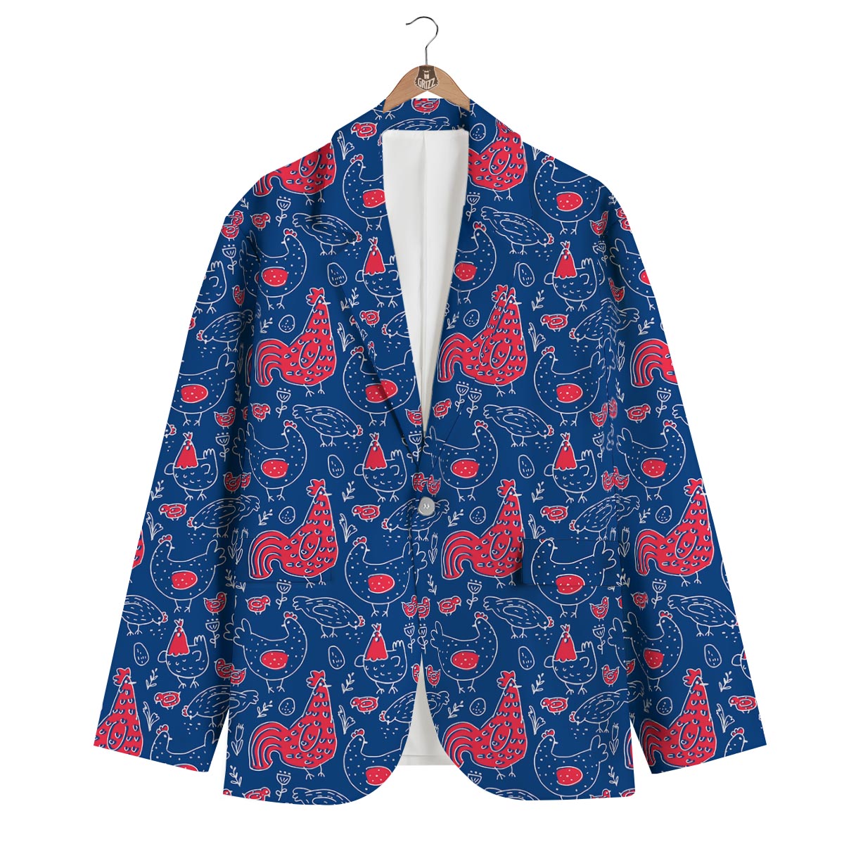 Red Rooster Blue Print Pattern Men's Blazer-grizzshop