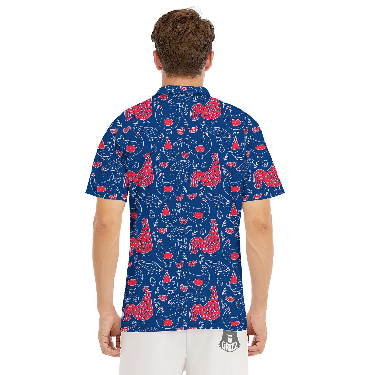 Red Rooster Blue Print Pattern Men's Golf Shirts-grizzshop