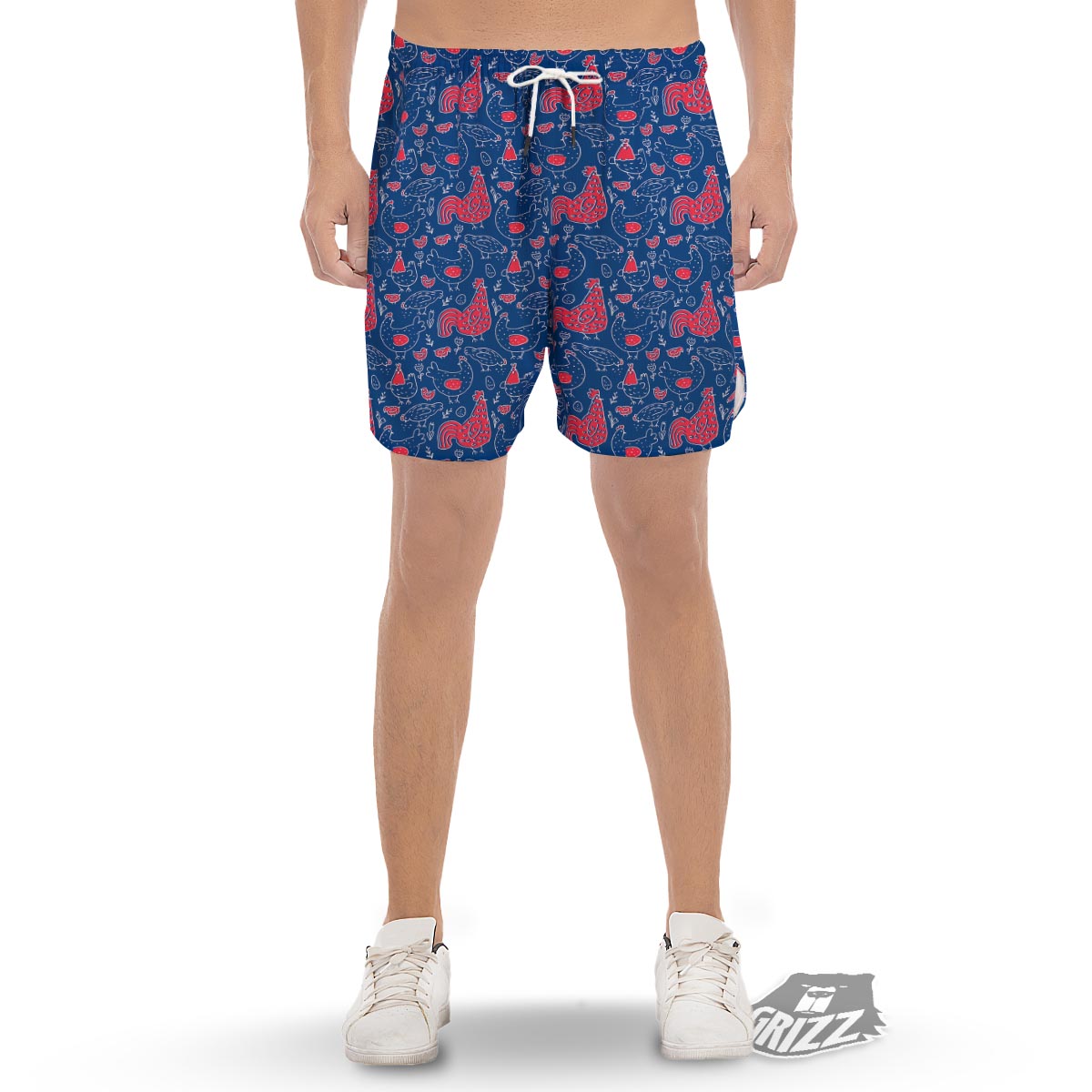 Red Rooster Blue Print Pattern Men's Gym Shorts-grizzshop