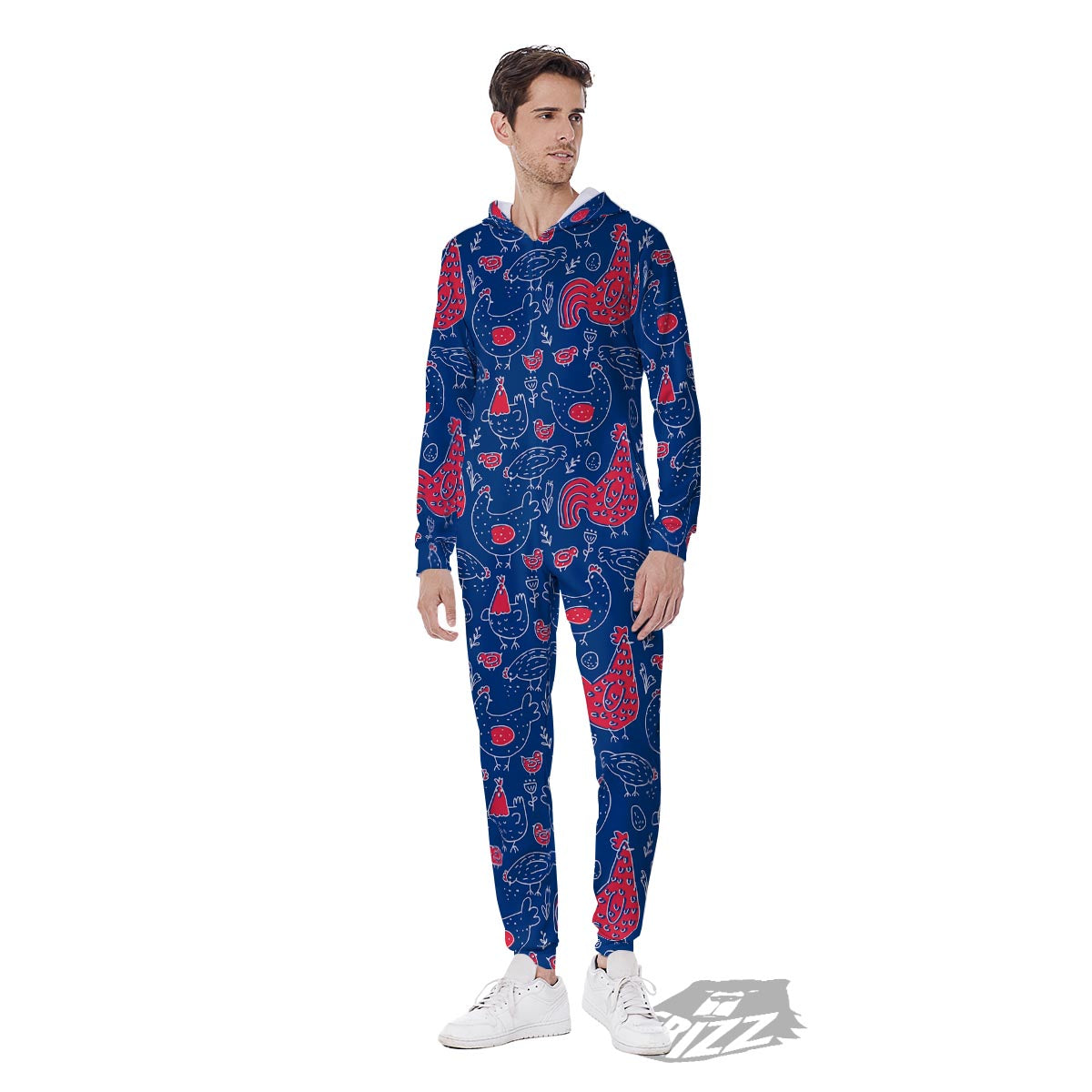 Red Rooster Blue Print Pattern Men's Jumpsuit-grizzshop