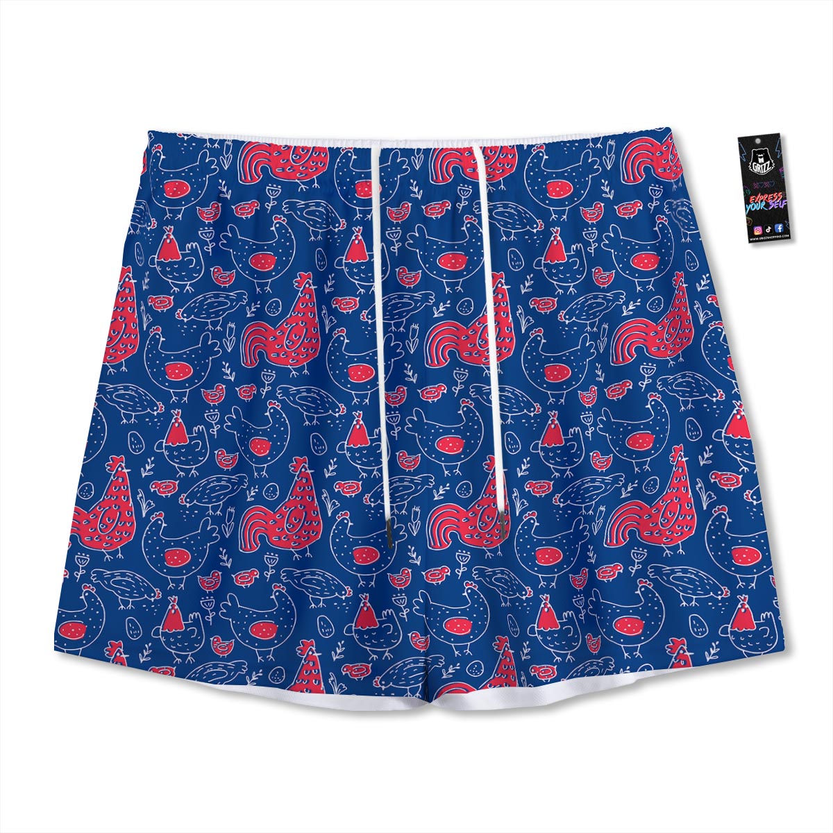 Red Rooster Blue Print Pattern Mesh Shorts