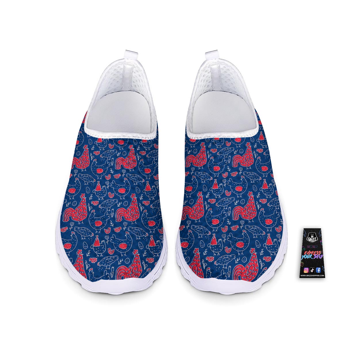 Red Rooster Blue Print Pattern Nurse Shoes-grizzshop