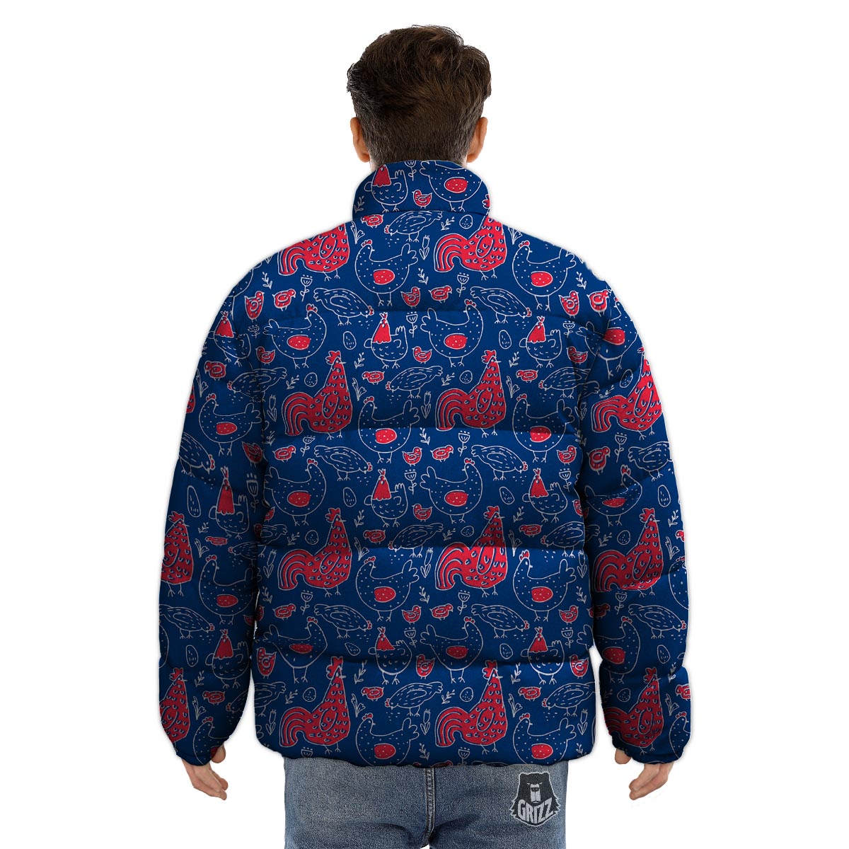 Red Rooster Blue Print Pattern Puffer Jacket-grizzshop