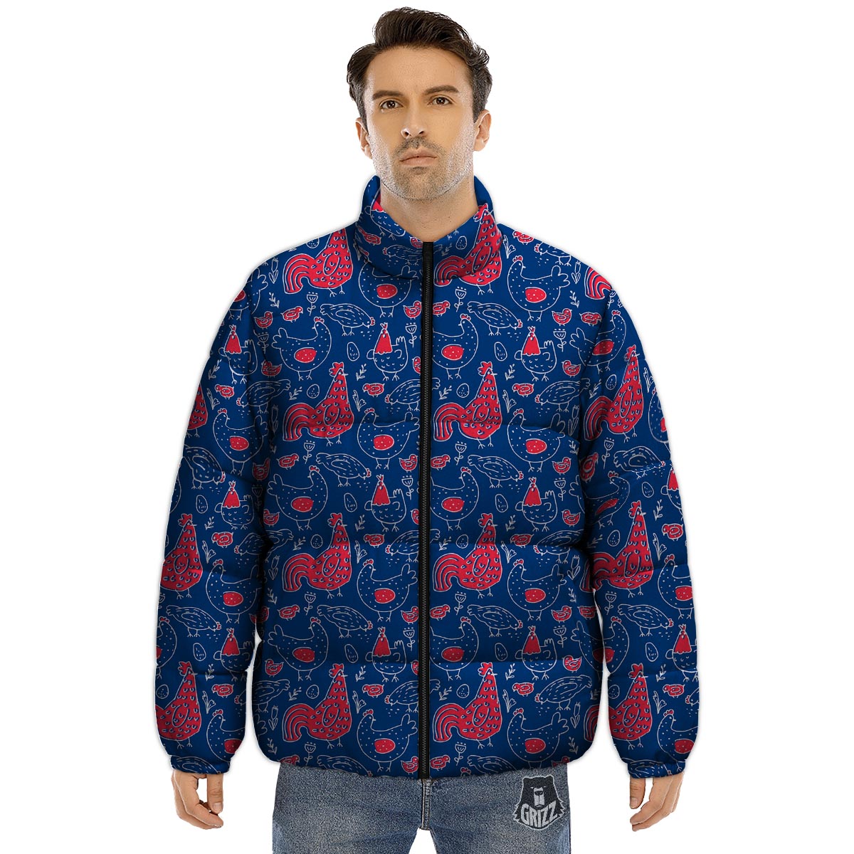 Red Rooster Blue Print Pattern Puffer Jacket-grizzshop