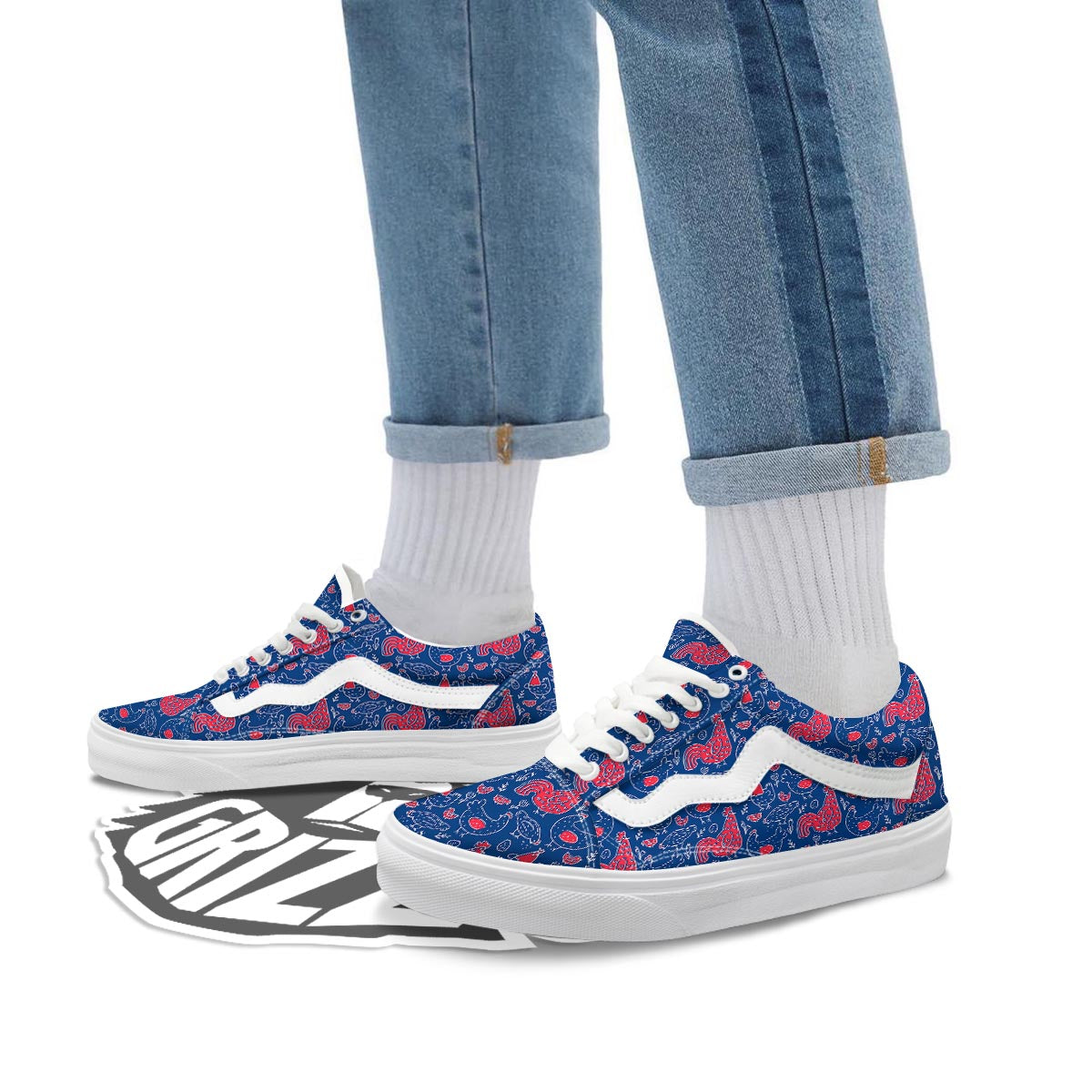 Red Rooster Blue Print Pattern Skate Shoes-grizzshop