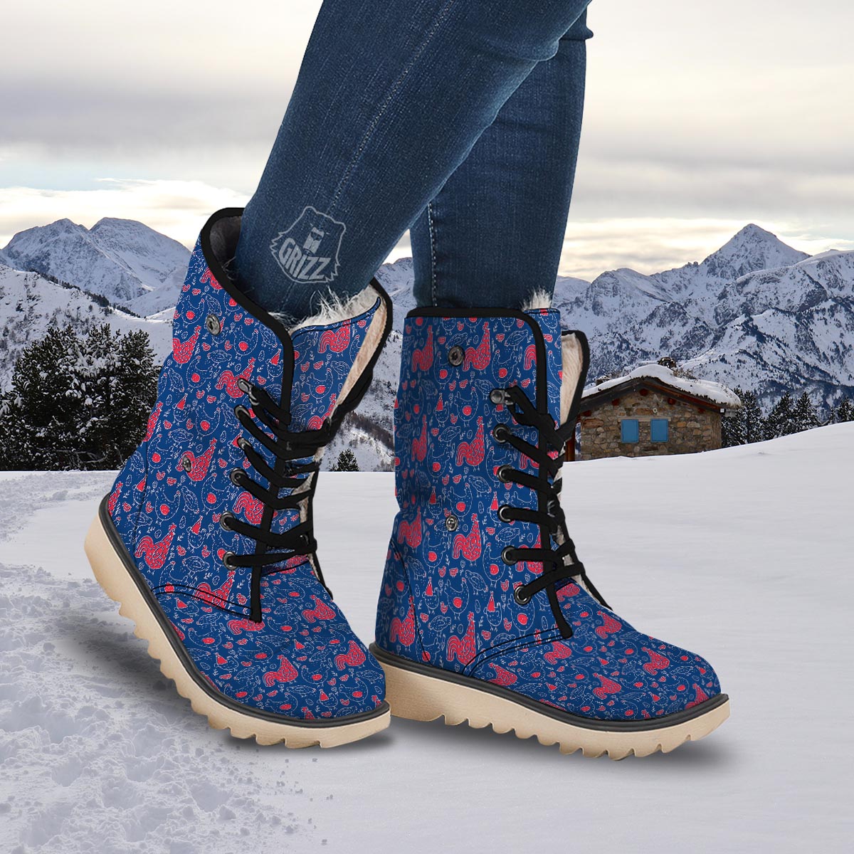 Red Rooster Blue Print Pattern Snow Boots-grizzshop