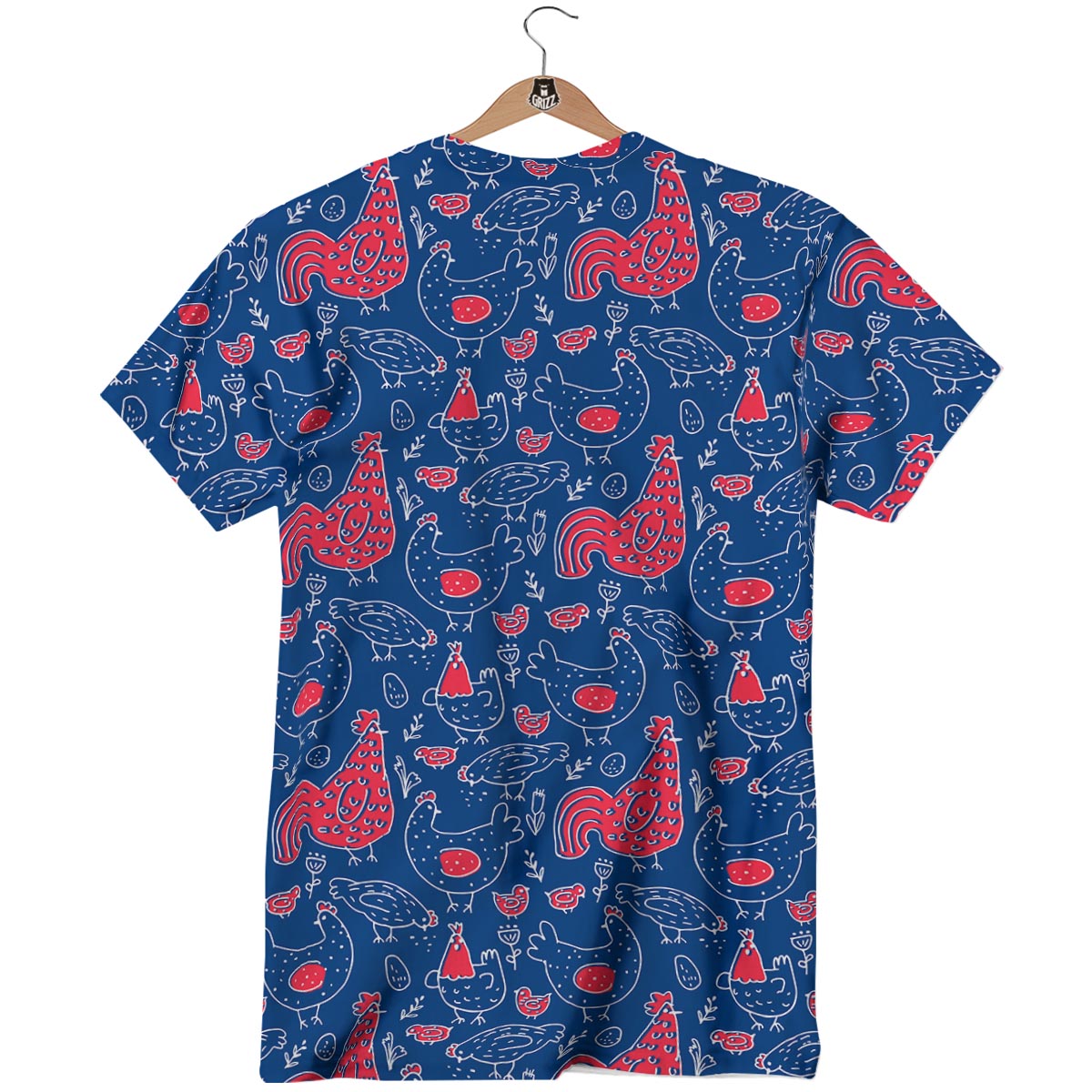 Red Rooster Blue Print Pattern T-Shirt-grizzshop